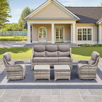 Luxury High Back Outdoor Furniture with 6-Inch Thick Cushions, Patio Furniture Set with Swivel Chairs, 5 PCS Wicker Conversation Set for Porch, Balcony, Deck and Yard