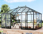 HOWE 14x9.5x9 FT Pavilion Styled Greenhouse with Clear Panels Double Swing Doors, 6 FT Wall Height Hybrid Polycarbonate Greenhouse, Green Houses for Outdoors, Sunroom Black