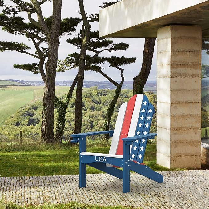 LUE BONA HDPS Adirondack Chairs Set of 4, Fire Pit Outdoor Chair Weather Resistant with Cup Holder, Modern Plastic Chair Plastic for Patio, Deck, Proch, 350LBS, Flag Blue