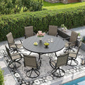 DIFY 9 Pieces Outdoor Patio Dining Set, 8 Brown Textilene Swivel Dining Chairs and 60" Black Round Metal Dining Table, Outdoor Table and Chairs