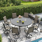 DIFY 9 Pieces Outdoor Patio Dining Set, 8 Brown Textilene Swivel Dining Chairs and 60" Black Round Metal Dining Table, Outdoor Table and Chairs