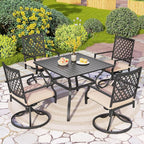 PHI VILLA 5-Piece Outdoor Dining Set, 4 Steel Metal Swivel Patio Chairs & 1 Square Dining Table, Black