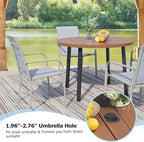 5 Pieces Round Dining Table Set for 4, Patio Dining Set Includes 4 Beige Blue Stackable Patio Chairs and 1 Walnut Round Table, Patio Furniture Sets with Sling Support for Outside, Garden