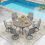 DIFY 7 Pieces Outdoor Patio Dining Set, 6 Grey Textilene Swivel Dining Chairs and 47.2" Grey Wood-Like Round Metal Dining Table, Outdoor Table and Chairs