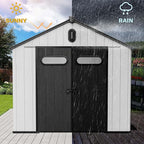 DWVO 8x8 FT Outdoor Storage Shed, 427 cuft Large Plastic Storage Shed with Floor & Lockable Door, Outside Tool Garden Shed with Windows & Vents for Patio Furniture, Lawn Mower, Bike, Black&Gray