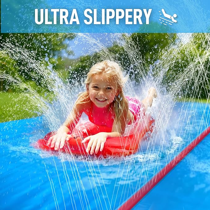 JAMBO 50Ft MEGA XXL Water Slide and 2 Bodyboards, Heavy Duty Slip and Splash with Inflatable Crash Pad, Long Summer Water Toy Sprinkler, Backyard Outdoor Fun n Toys for Kids