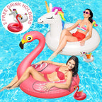 JAMBO Unicorn and Flamingo Pool Floats- 2 Pack with 2 Drink Holder Floats, Large Flamingo and Unicorn Tube Float, Adult & Teens, Inflatable Tanning Pool Toys, Tanning Pool Float, Tanning Float