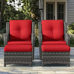 4 Pieces Patio Conversation Set, Wicker Chairs Set of 2 and Two Ottomans with 3.5-inch Seat Cushions, High Back and Curved Armrest for Backyard, Balcony and Deck, Red