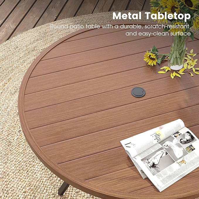 DIFY 7 Pieces Outdoor Patio Dining Set, 6 Brown Textilene Swivel Dining Chairs and 47.2" Walnut Round Dining Table, Metal Outdoor Table and Chairs