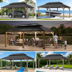 SUNJOY 12 x 20 ft. Wood Gazebo, Outdoor Patio Cedar Framed Wooden Hardtop Gazebo with 2-Tier Metal Roof, Suitable for Patios, Lawn, and Backyard, Dark Brown Roof + Dark Wood Frame