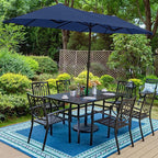 PHI VILLA Patio Dining Set 8 PCS with 13ft Double-Sided Patio Umbrella(Navy Blue)，Metal Outdoor Dining Set - 6 x Outdoor Stackable Chairs, 1 x 60"x38"Rectangle Dining Table and 1 Umbrella