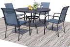 5 Pieces Round Dining Table Set for 4, Patio Dining Set Includes 4 Blue Stackable Patio Chairs and 1 Black Mesh Round Table, Patio Furniture Sets with Sling Support for Outside, Garden