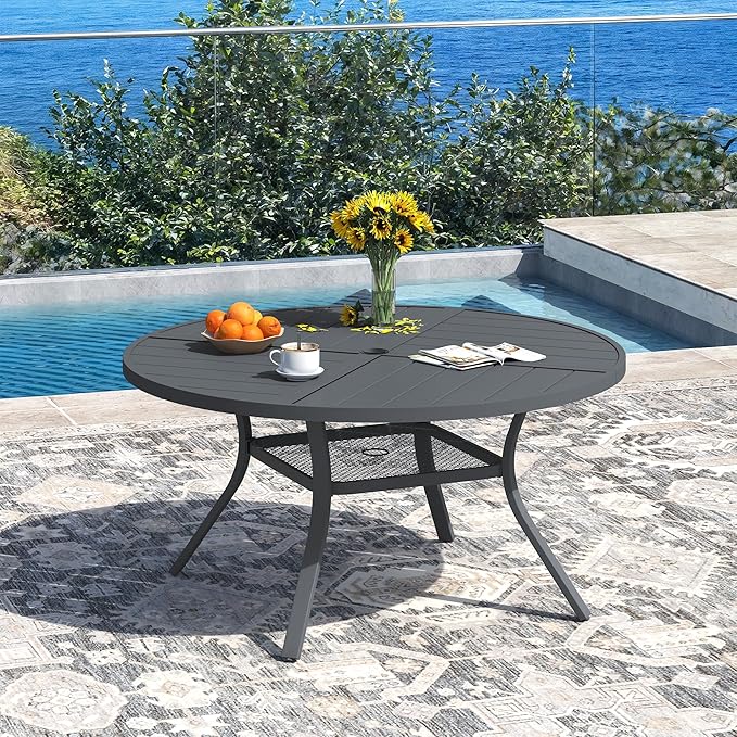 DIFY 47.2" Round Outdoor Patio Dining Table for 6, All-Weather Metal Steel Slatted Patio Table with 1.57" Adjustable Umbrella Hole, for Lawn Garden Porch Backyard, Grey