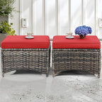 4 Piece Patio Furniture Set, 2 Chairs and 2 Ottomans PE Wicker Footstool, Outdoors Rattan Conversation Set with Deep Seating and Olefin Cushions, for Backyard, Garden, Red