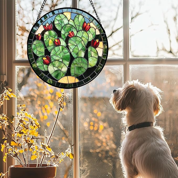 Stained Glass Window Hanging - Green Cactus Suncatcher for Doors Garden Patio Retro Plants Sun Catchers Decor Christmas Mother's Day Birthday Gifts for Women Men Mom Nana Friend 11.8 in