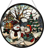 Christmas Snowman Stained Glass Sun Catcher Mountain Stained Glass Window Hanging, Suncatchers Lavender Wall Decor, for Women/Friends/Lover
