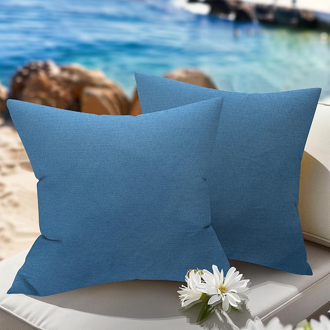 WOLKI Waterproof Outdoor Pillows 22x22 Feather and Down Filled Throw Pillow for Patio Furniture, Outside Decorative Pillow Set of 2 Blue