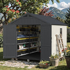 Devoko 8 x 10 FT Plastic Outdoor Storage Shed with Floor, Garden Resin Tool Sheds with DIY Window and Lockable Door, Beige Kick-it Shed for Patio, Backyard, Lawn