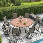 DIFY 9 Pieces Outdoor Patio Dining Set, 8 Brown Textilene Swivel Dining Chairs and 59.8" Walnut Round Metal Dining Table, Outdoor Table and Chairs