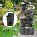 4-Tiers Cascading Rock Outdoor Water Fountain with LED Light, Standing Cascading Water Feature Faux Stacked Stones Waterfalls Decor for Garden Patio Yard and Lawn (Deep Grey)