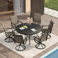 VICLLAX 7 Pieces Patio Dining Set for 6, Outdoor Furniture Set Includes 53" Outdoor Round Table and 6 Patio Swivel Chairs for Lawn Garden, Black Tabletop and Mixed Brown Fabric