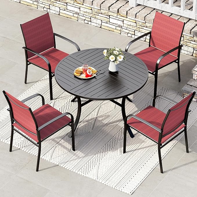 HERA'S HOUSE Outdoor Dining Chairs Set of 6, Patio Lawn 36" Textilene Fabric Chair with Wrought Iron Metal Frame Support 350lbs for Garden Backyard Lawn Kitchen, Red