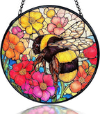 kdqua Bee Floral Suncatcher Stained Glass Window Hanging, Colorful Floral Bumblebee Sun Catchers Indoor Window Glass Round Wall Decor, Bee Wall Art Hanging Decorations Statues, 7.9x7.9in