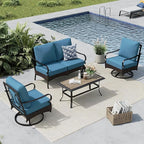 MFSTUDIO 4 Pieces Outdoor Patio Furniture Set, Metal Outdoor Conversation Set, Rattan Wicker Patio Sectional Sofa Set with 2 x Swivel Single Sofa, 2-Seat Sofa, 1 x Coffee Table, Navy Blue
