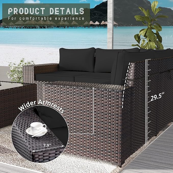 Outdoor Patio Furniture Set with Propane Fire Pit Table, 13 Pieces Outdoor Furniture Patio Sectional Sofa Conversation Sets w/ETL Approved 43" Gas Outdoor Fire Table & Coffee Table(Black)