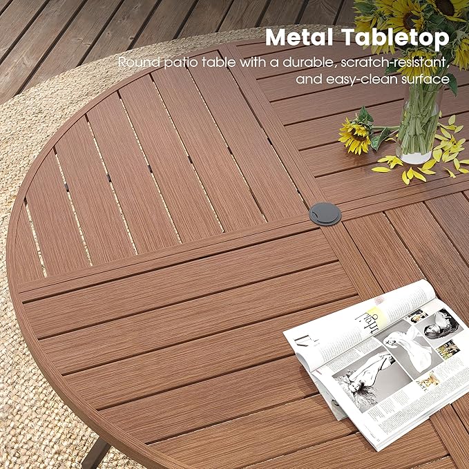 DIFY 7 Pieces Outdoor Patio Dining Set, 6 Brown Textilene Swivel Dining Chairs and 53.1" Walnut Round Metal Dining Table, Outdoor Table and Chairs