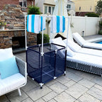 Essentially Yours Pool Equipment Holder with Towel Drying Bars, Mesh Rolling Pool Storage Organizer Bin, Extra Large with Towel Hanger, (34.5" W x 25" L x 62.6" H), Blue/White Style 418566