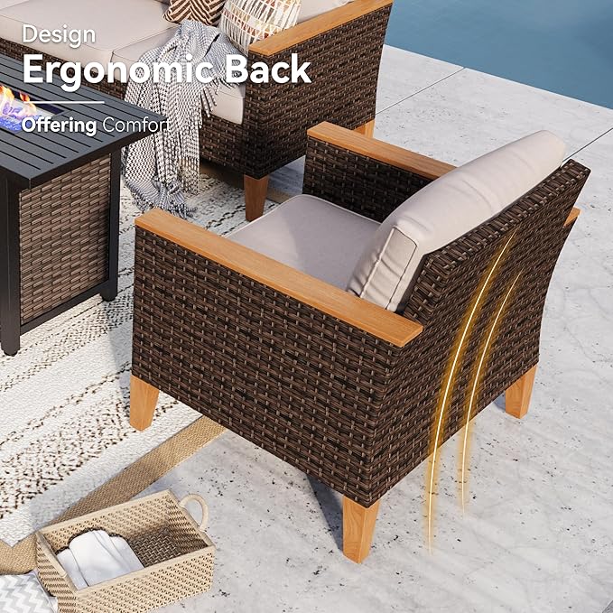 GREEN PARTY 9 Pieces Wicker Patio Furniture Set with 56" Fire Pit Table, All-Weather Outdoor Rattan Patio Sectional Sofa Conversation Set with 4" Thick Cushions for Garden, Backyard, 2 x Ottomans