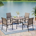 5 Pieces Patio Table and Chairs Set, 4 Person Outdoor Dining Furniture Set, 4 Brown Textilene Chairs and 37" Wood-Like Table Top Table with Umbrella Hole, for Deck Backyard Lawn