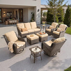 ovios 9 Pieces Patio Furniture Set, Outdoor Wicker Sofa Couch with Swivel Chairs Ottomans Comfy Cushions, High Back All Weather Modern Conversation Sets, Brown Rattan, Beige