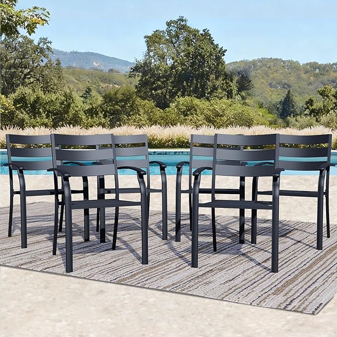 Patio Dining Chairs Set of 6, Black Stackable Outdoor Dining Chairs with Armrest and Wide Back, Wrought Iron Patio Furniture Chairs for Lawn, Backyard, Garden & Deck, Supports 300 LBS
