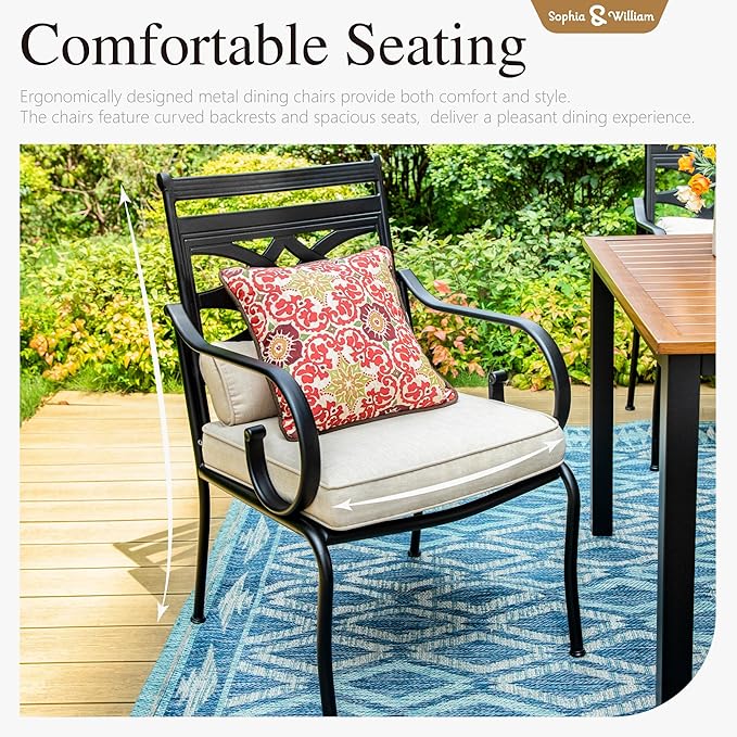 Sophia and William Patio Dining Set for 6, 13ft Patio Umbrella Navy Blue, Removable Seat Cushions, Black 59" Patio Dining Table