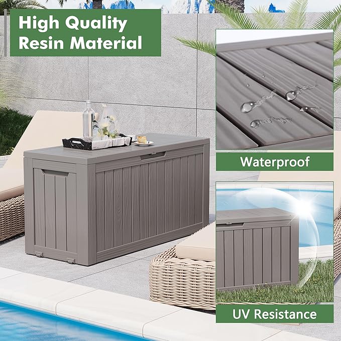 NUNU LAB 75 Gallon Outdoor Storage Box,Resin Large Sturdy Deck Box, Backyard Outside Storage Box Waterproof with Double Wall Panels,Garden Box,Package Delivery Outdoor Hose Storage Bin