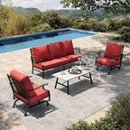HERA'S HOUSE 4 Piece Patio Furniture Set, 2 x Rocking Metal Frame Cushioned Chair, 3-Seat Sofa with Marbling Coffee Table, All Weather Outdoor Conversation Set for Lawn Garden Backyard, Red