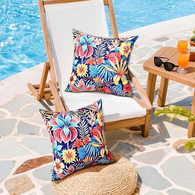 Outdoor Pillow Covers 18x18 Inch Set of 2 Tropical Floral Plants Boho Throw Pillows Cases Waterproof Square Garden Cushion Sham for Patio Funiture Tent Balcony Bench Sofa Couch, Blue