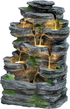 7-Tiers Garden Waterfall Fountain Outdoor - Water Fountains and Waterfalls, Outdoor/Indoor Floor Standing Resin Water Fountain with LED Light for Patio, Garden and Backyard, Deck, Porch, Home