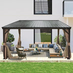 10’ x 12’ Lean to Gazebo, Outdoor Wall Mounted Gazebo Aluminum Frame, Hardtop Pergola with Galvanized Steel Sloping Roof for Patio Deck Garden Backyard, Curtain and Netting Included