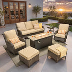 ovios 7 Pieces Patio Furniture Set, Outdoor Wicker Sofa Couch with Swivel Chairs 54" Fire Pit Table, High Back All Weather Modern Conversation Sets, Brown Rattan, Beige