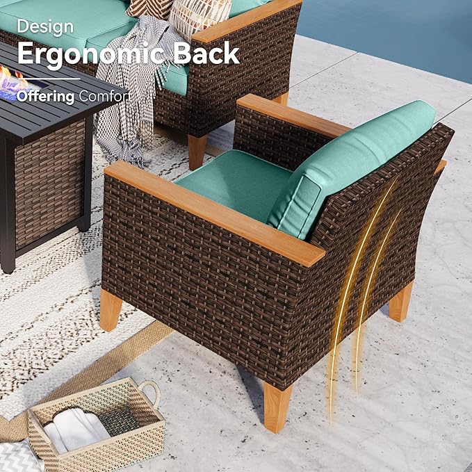 GREEN PARTY 9 Pieces Wicker Patio Furniture Set with 56" Fire Pit Table, All-Weather Outdoor Rattan Patio Sectional Sofa Conversation Set with 4" Thick Cushions for Backyard, 2 x Ottomans (Blue)