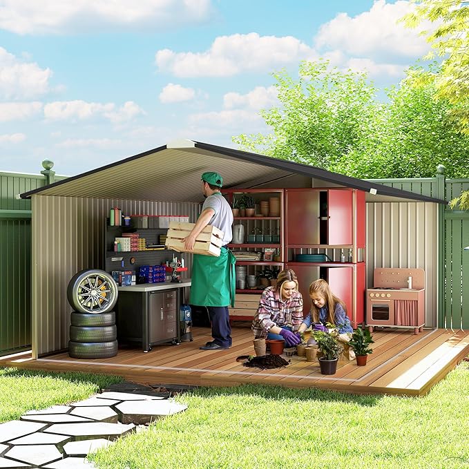 Outsunny 11' x 13' Outdoor Storage Shed, Garden Tool Metal Shed with Foundation Kit, Double Lockable Door, Air Vents and Sloping Roof, for Backyard, Patio, Lawn, Brown