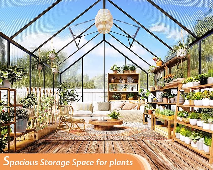 Jocisland 8x8x7 FT Polycarbonate Greenhouse for Outdoors with 2 Windows, Dual Swing Doors, Aluminum Walk-in Frame, Heavy Duty Garden Greenhouse for Backyard, Black