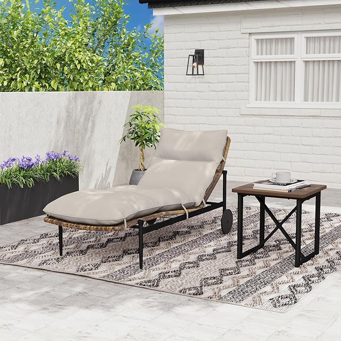 Chaise Lounge Chair Outdoor 2PCS - PE Rattan Wicker Patio Pool Lounge Chair with Cushion and Wheels, Aluminum Waterproof Lounger with Wood Side Table for Poolside Backyard Deck Porch