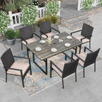 HERA'S HOUSE 7 Piece Patio Dining Set for 6, 6 x Outdoor Rattan Armchair with Removable Cushions, 1 x 64 Rectangular Patio Table with Umbrella Hole for Patio Lawn Garden