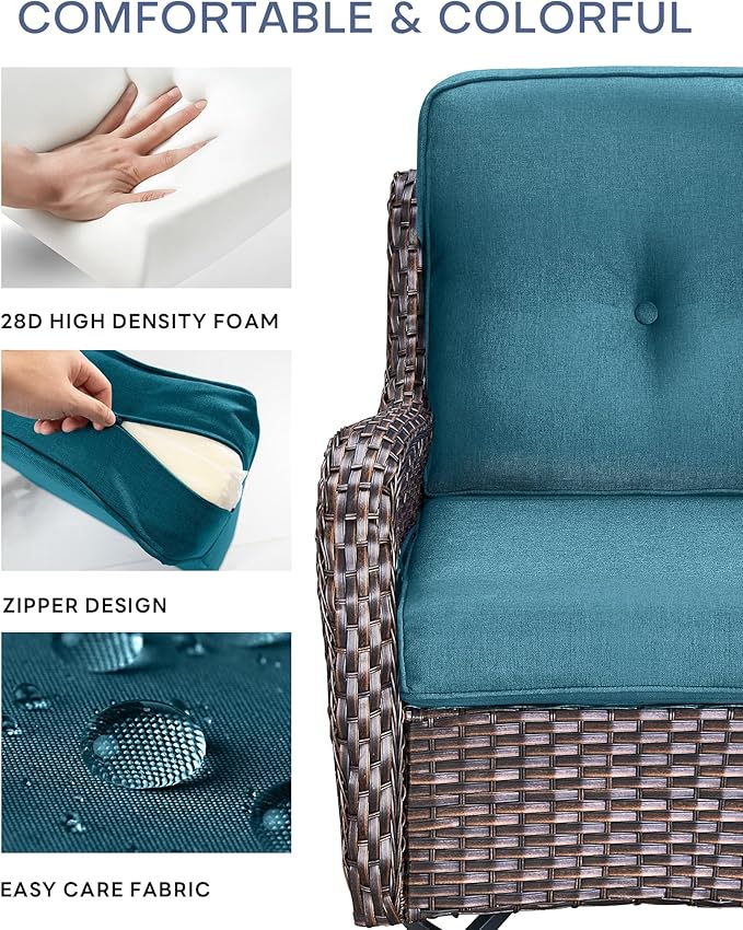 Pop 22x25/22x24 Outdoor Cushions for Patio 5 Piece Set - Set of 5 Water-Resistant Replacement Cushion for Rattan Rocking Swivel Chairs Loveseat Couch Sectional Sofa - Peacock Blue/Button