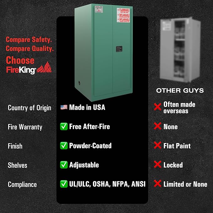 FireKing Green Flammable Safety Cabinet, Pesticides Flammable Storage Cabinet, 60 Gallon Steel Safety Cabinets with Manual Door for Commercial, Industrial & Home Use, 34" x 34" x 65"