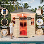 Albott Outdoor Sauna 4 Person, Infrared Saunas for Home, Low EMF 2850W/240V Spruce Wood Dry Sauna with Tourmaline Stone Foot Warmer, 7-Color Light Therapy & 2 Bluetooth Speakers, 59.1"x59.1"x98.4"